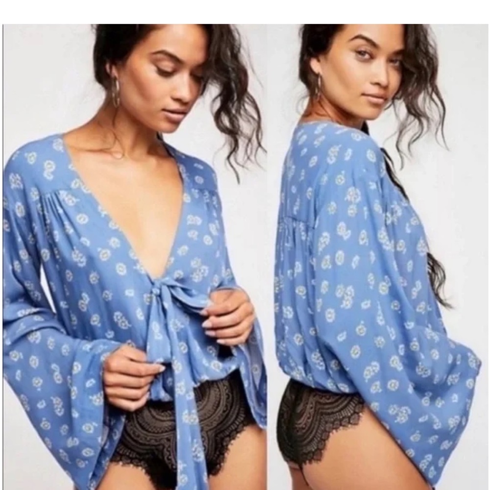 Free People Daisy Blue Floral Tie-Front bodysuit